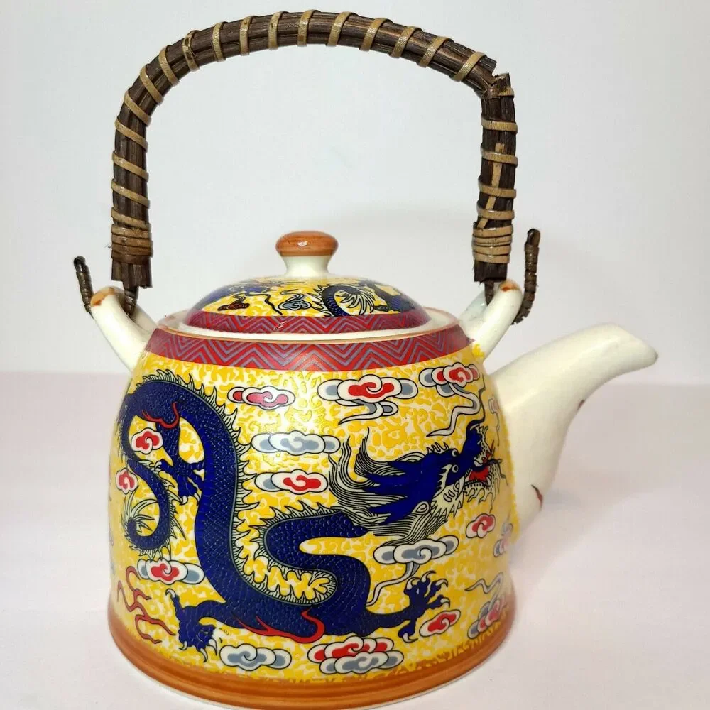 Mia Ko's Blue Dragon & Yellow Ceramic Textured Teapot‎ Chinese Dragon Loong Lung